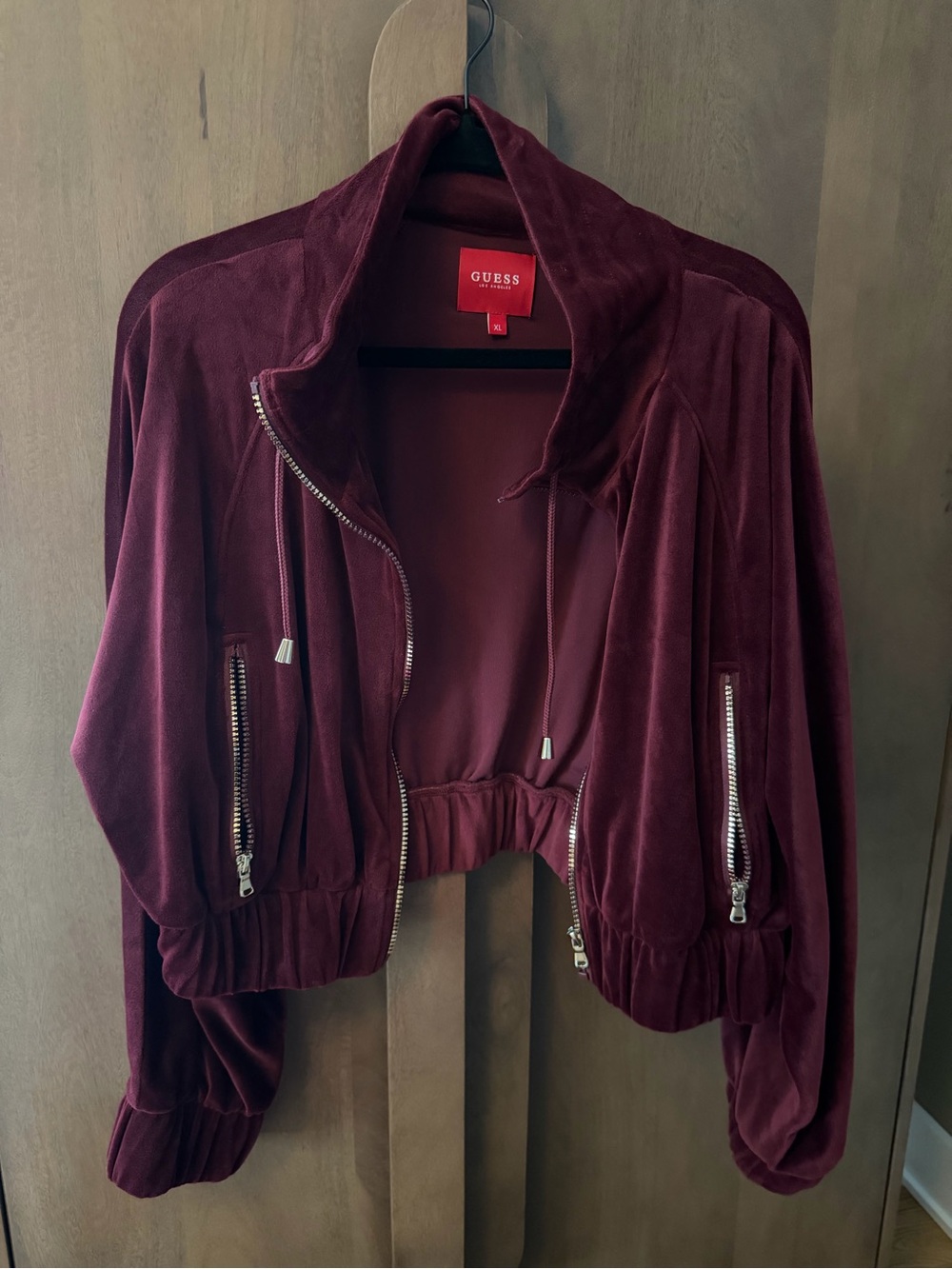 GUESS Women's Burgundy Velour Bomber Jacket
